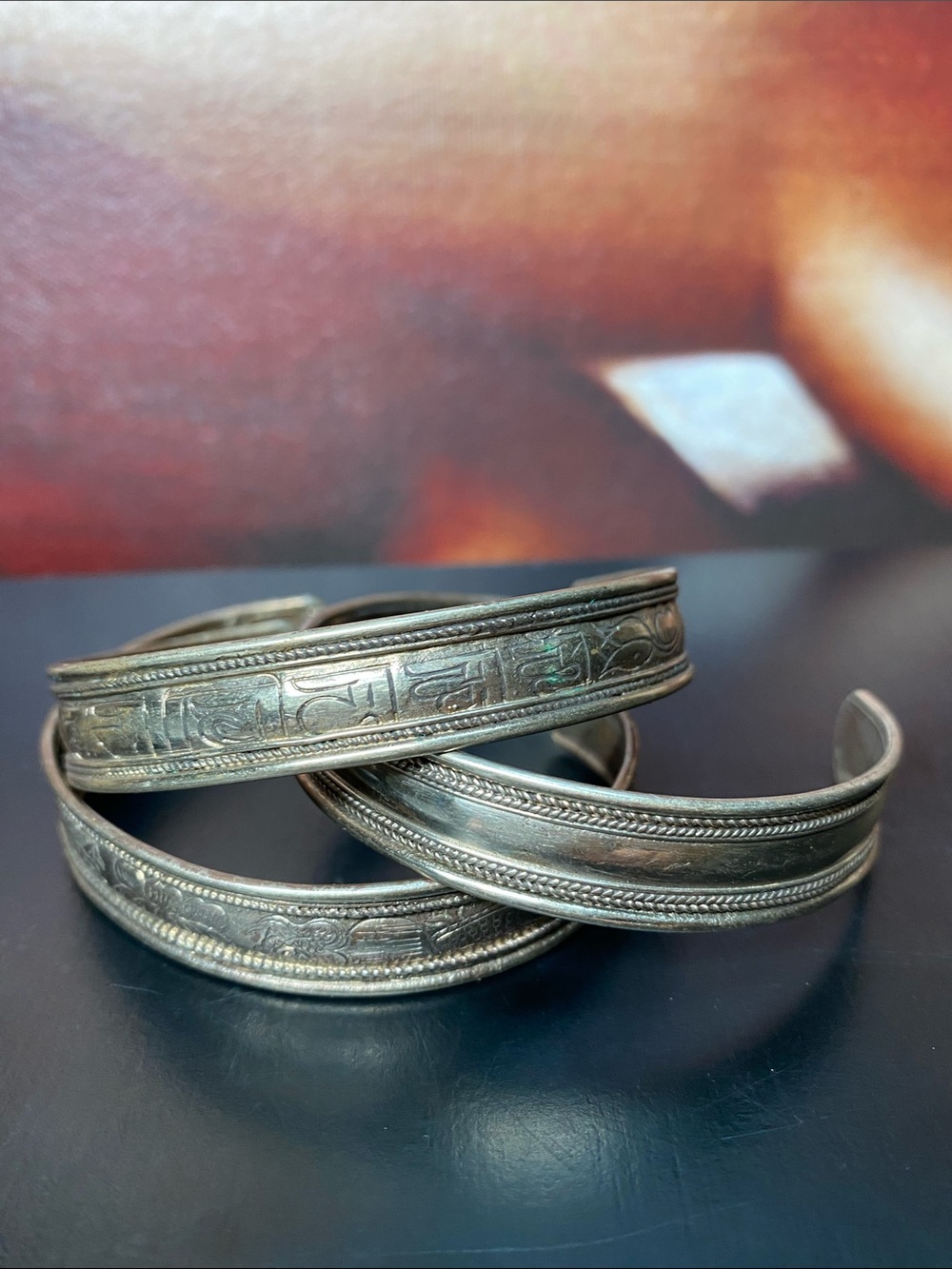 Vintage Nepal Tibet Coin Silver Cuff Bracelets Set of 3 Mix